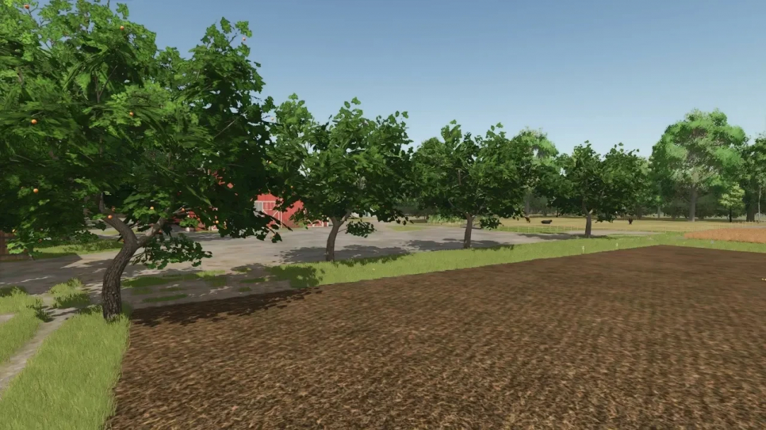 Arbres placables dans le mod FS25, avec une verdure luxuriante et un cadre de ferme.