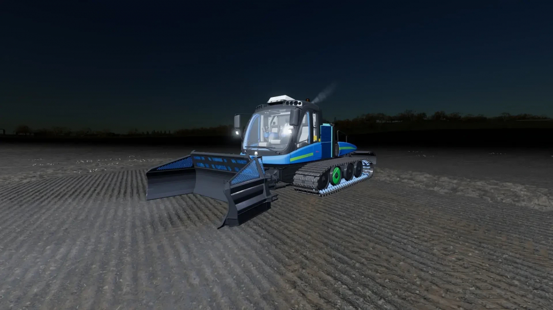 Prinoth Leitwolf Agripower v1.0.0.0 mod in FS22, nachtscène met blauwe rupsvoertuig op een akker.