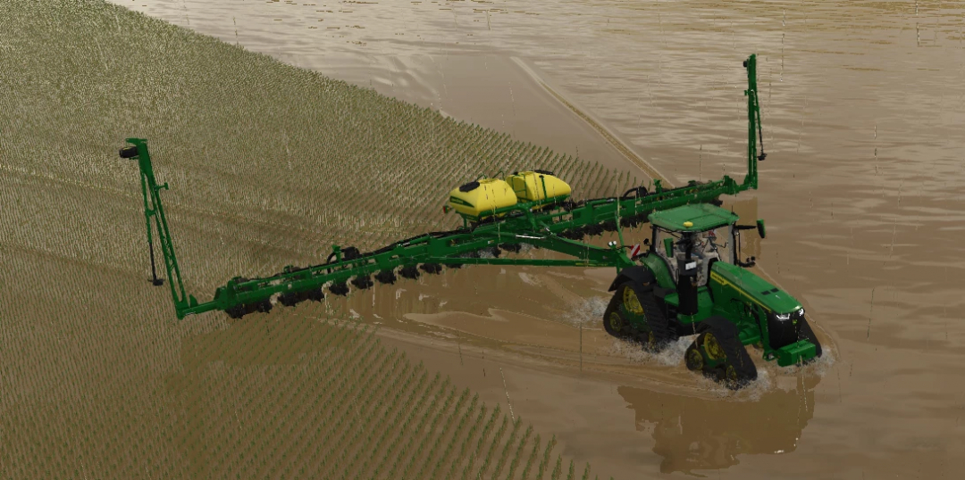 FS25 mod: John Deere rice planter v1.0.0.0 in a paddy field.