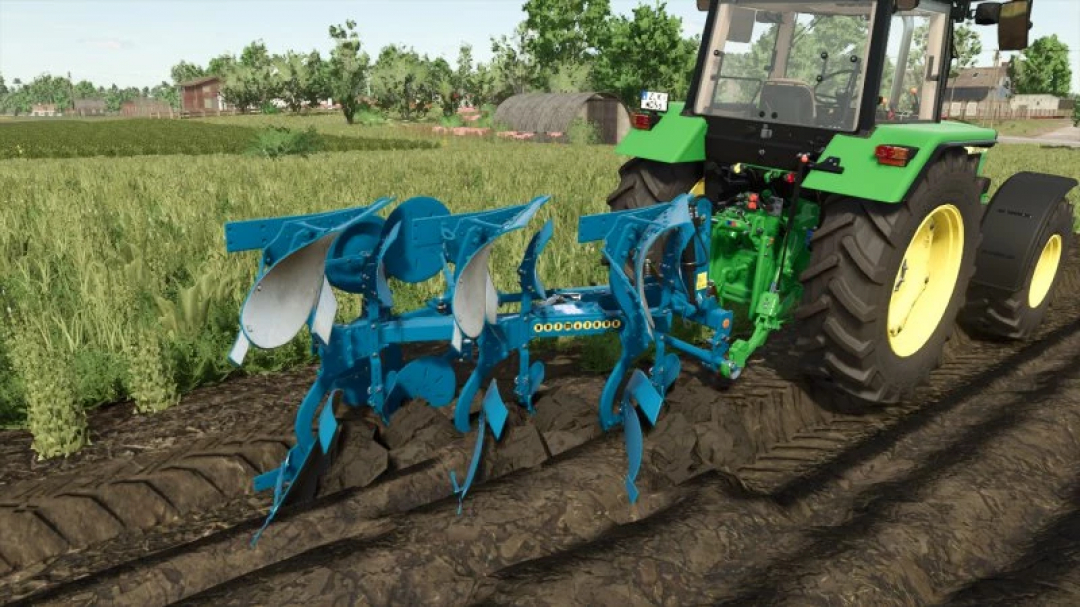 FS25 mod Rabe Supertaube v1.0.0.0, a blue plow attached to a tractor in Farming Simulator 25, tilling a field.