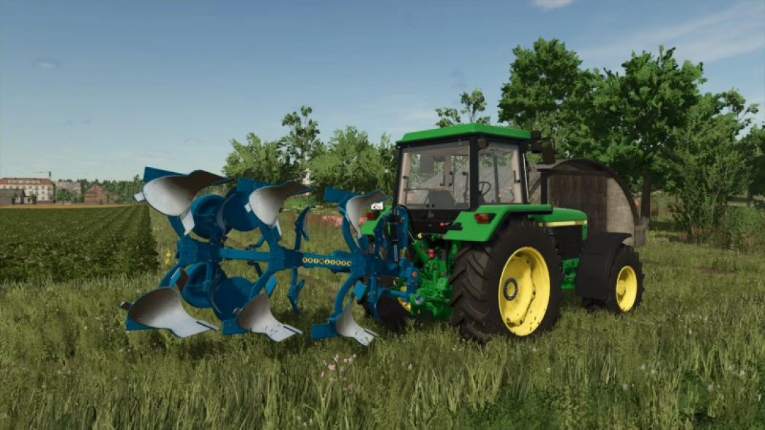 FS25 mod Rabe Supertaube v1.0.0.0 showcases a tractor with a blue plow in a lush green field, enhancing farming realism.