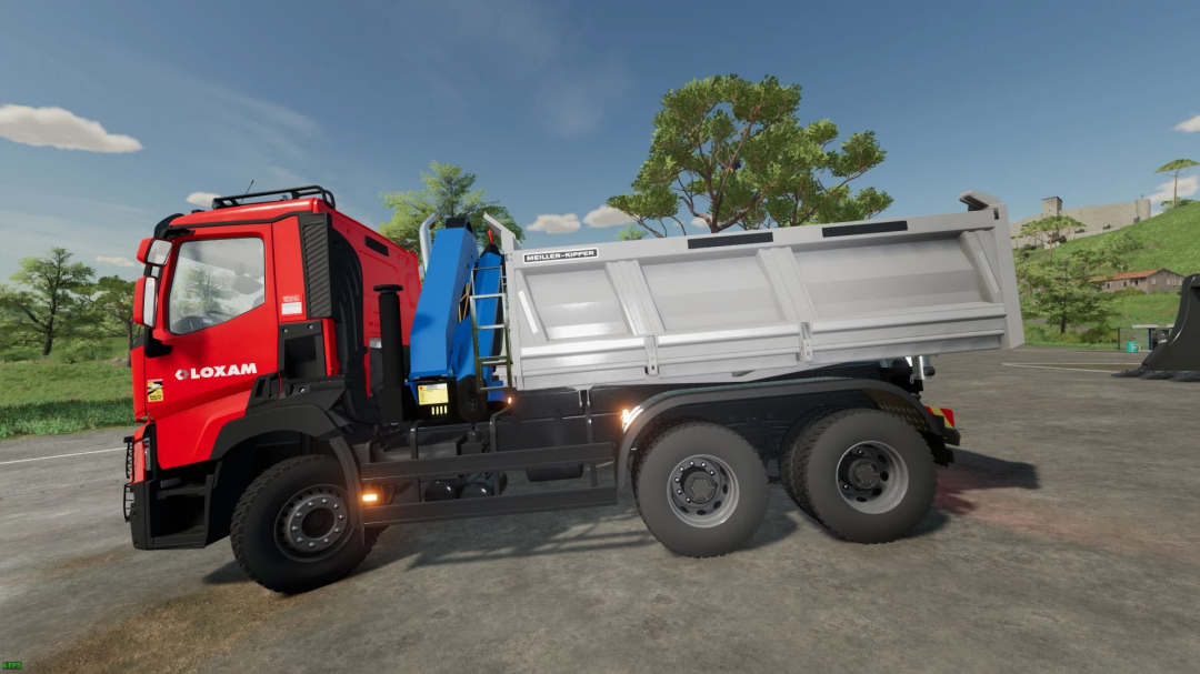 FS22 Mod Renault C480 Public Works Pack v3.0.0.0 LKW mit rotem Führerhaus und silberner Kippmulde auf einer Straße.