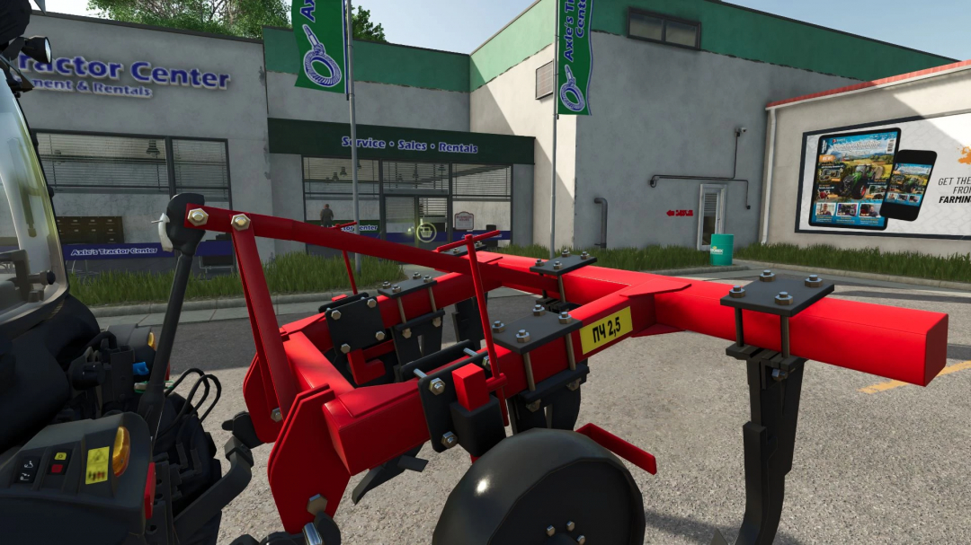 Rostselmash PCH-2.5 mod in FS25 outside a tractor shop.