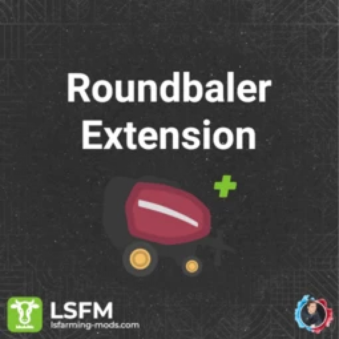 Round Baler Extension v1.0.0.0 mod voor FS25, met een ronde balenpers icoon en logo's van lsfarming-mods.com.