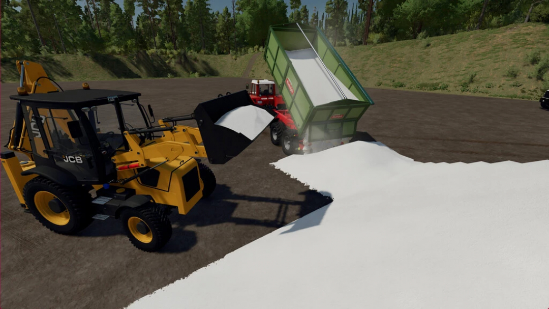 FS22 mod image showing a yellow loader collecting salt from a green trailer in Farming Simulator 22's Salt Production v1.0.0.0.