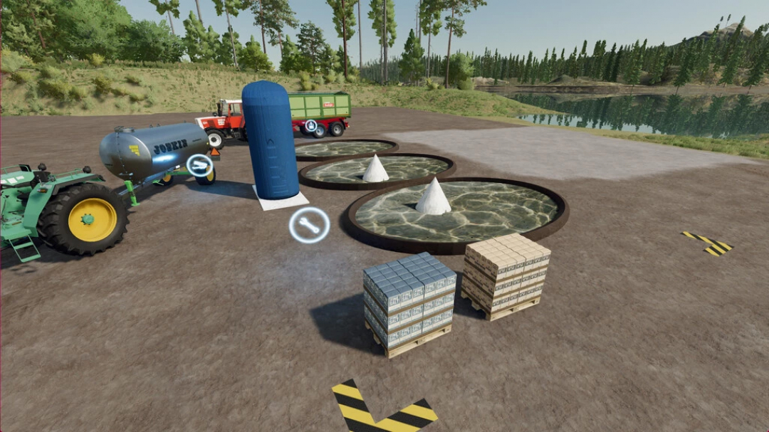 FS22 mod Salt Production v1.0.0.0 showing salt pools, tractors, and storage pallets in Farming Simulator 22.