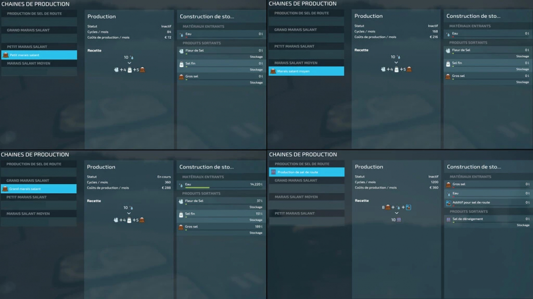 FS22 Salt Production mod interface displaying production chains and storage details in Farming Simulator 22.