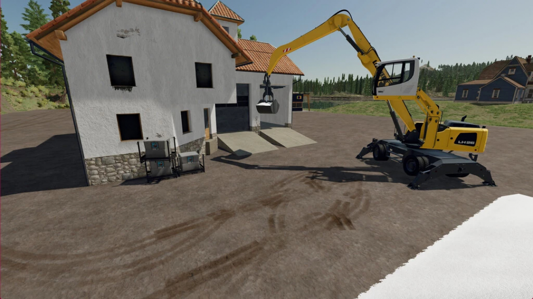 FS22 mod Salt Production v1.0.0.0 showing a yellow excavator lifting materials near a white building.