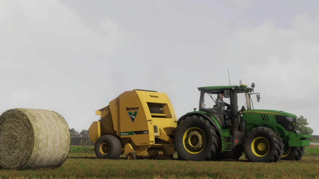 FS22 mod Shader v1.3.0.0 showing tractor with Vermeer baler in field