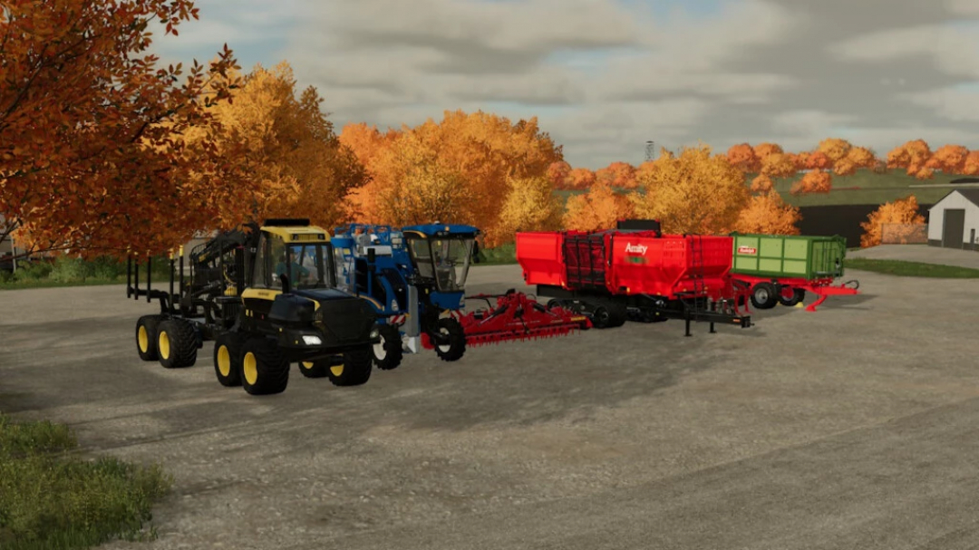 FS22 mods: Various farming equipment in autumn landscape from Special Offers v1.0.0.0 mod for Farming Simulator 22.