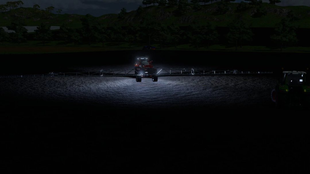 FS22 mod Sprayer KUHN METRIS 4102 operating at night in Farming Simulator 22, showcasing illuminated spray arms.