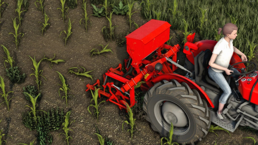 FS22 mod: TIM Weeder 2 Row in use by a farmer on a red tractor in Farming Simulator 22.