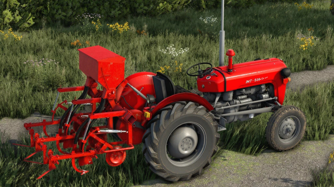 FS22 mod TIM Weeder 2 Row v1.0.0.0 featuring a red tractor with a mounted weeder. Ideal for Farming Simulator 22.