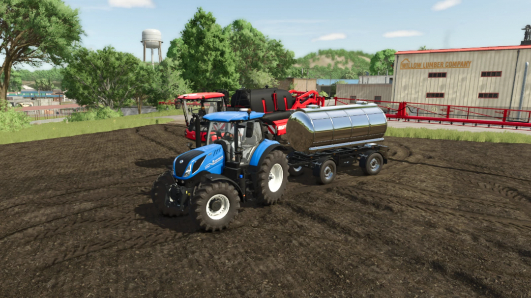 FS25 Mod Tanker Pack v1.0.0.0 zeigt einen blauen Traktor mit silbernem Tankanhänger auf einem Bauernhof.