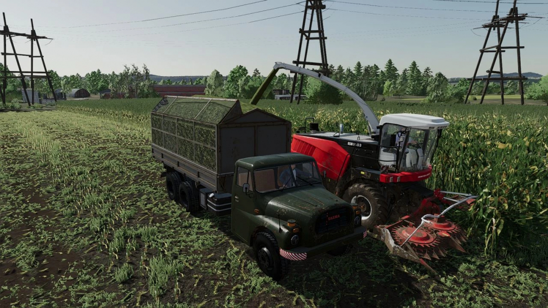 FS22 mods: Ciężarówka Tatra 148 Agro i kombajn na polu. Scena z Farming Simulator 22. v1.0.0.0.