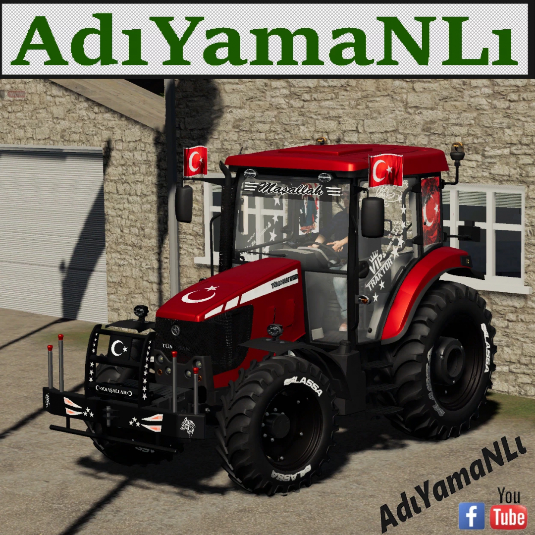 FS22 Mod TümoSaN 9115 Turbo Traktor in Rot mit türkischen Flaggenaufklebern, zeigt Farming Simulator 22 Anpassung.