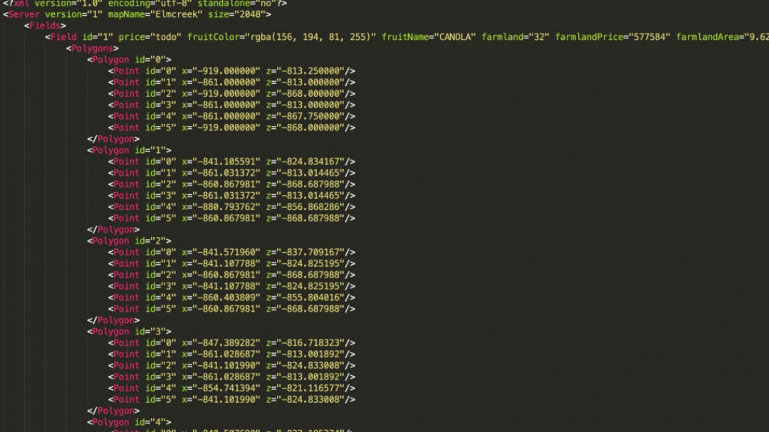 XML code screenshot for VG Livemap v1.0.0.0 mod in Farming Simulator 25 showing field and polygon data.