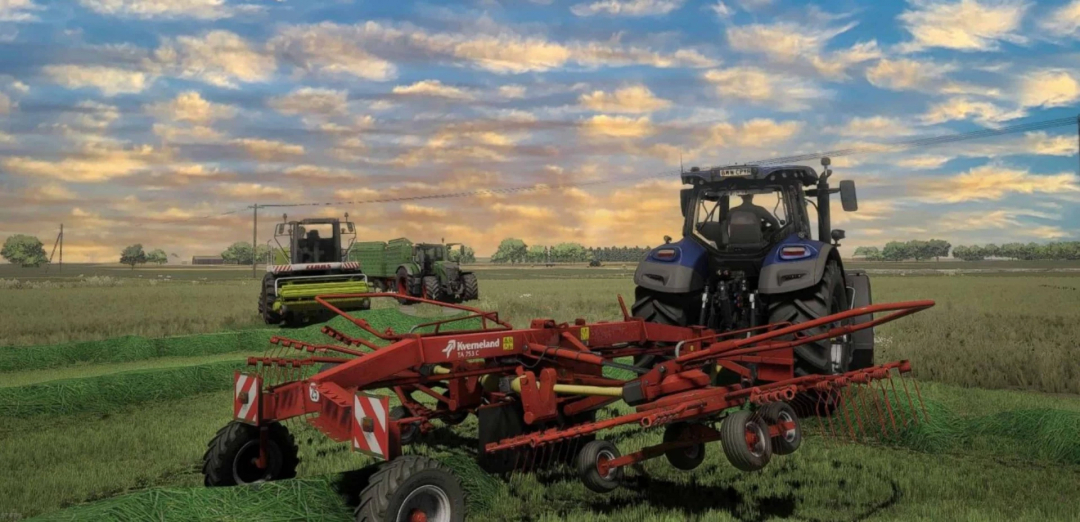 FS25 mod Vehicle Sale Customizer v1.0.0.0 shows tractors and farming equipment on a lush field under a vibrant sky.