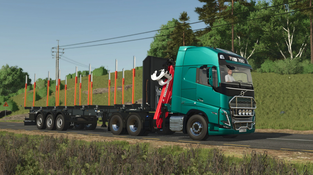 Volvo FH16 6x4 with PALFINGER EPSILON M12Z mod for FS25 on a country road.