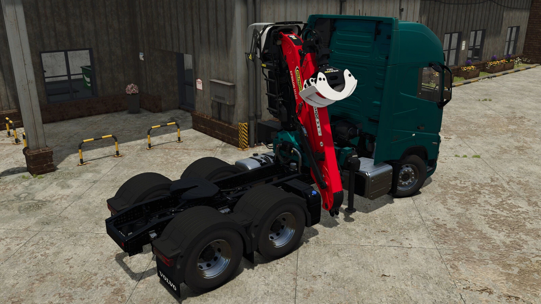 FS25 mod Volvo FH16 6x4 with PALFINGER EPSILON M12Z crane in a farmyard setting.