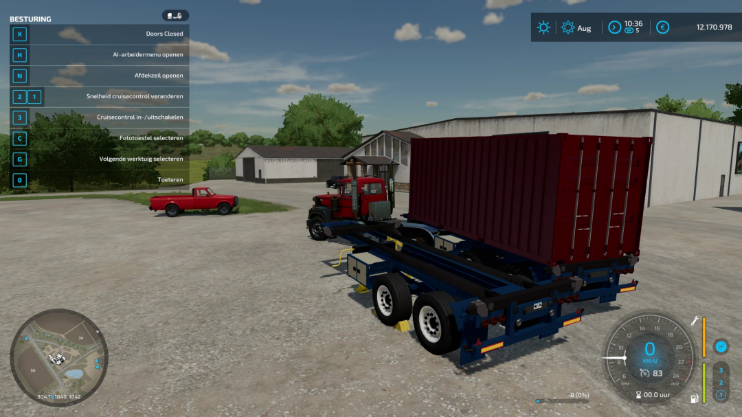 FS22 Mod Volvo f12 mit rotem 20ft Container auf Trailer im Hof. Farming Simulator 22 Mods.