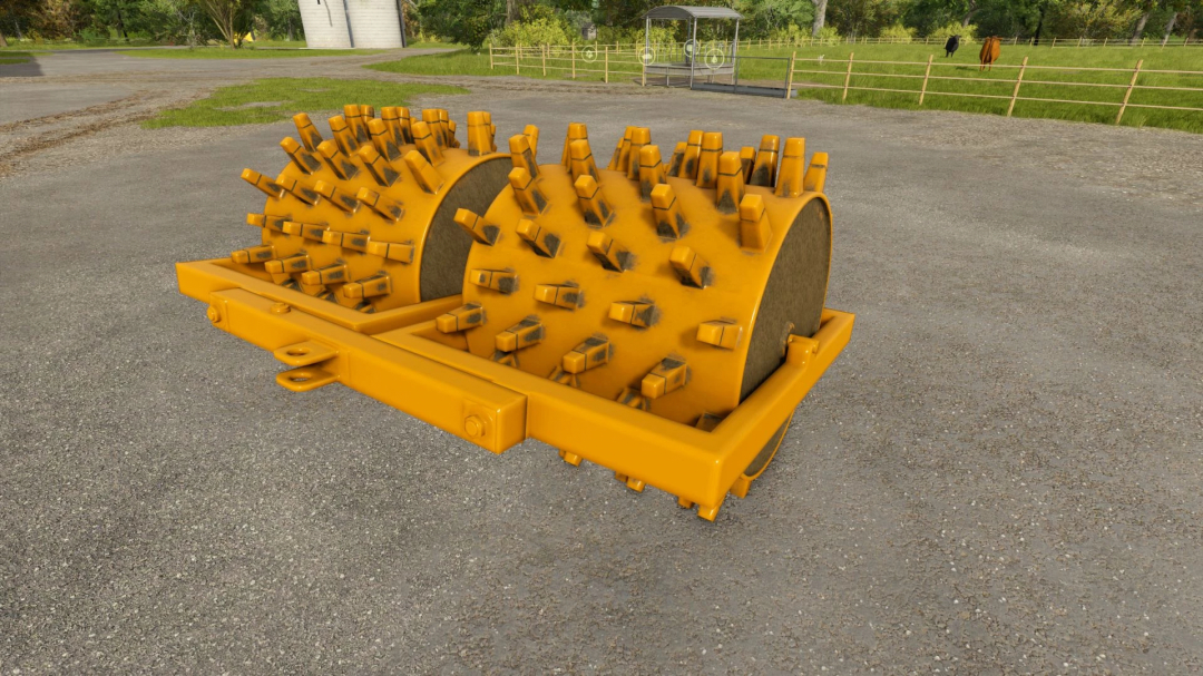 Wedge's Foot Roller v1.0.0.0 mod in Farming Simulator 25, showcasing a yellow spiked roller for soil preparation in FS25 mods.