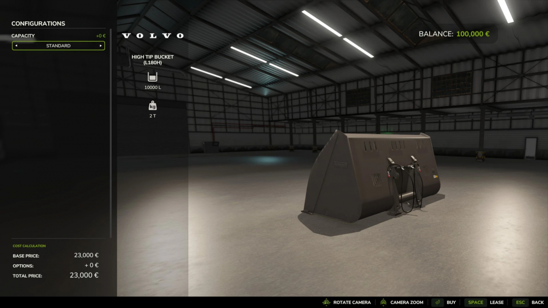 FS25 mod Wheelloadershovel Pack v1.0.0.0 showing Volvo high tip bucket in a warehouse, capacity 10,000 L, price 23,000 €.