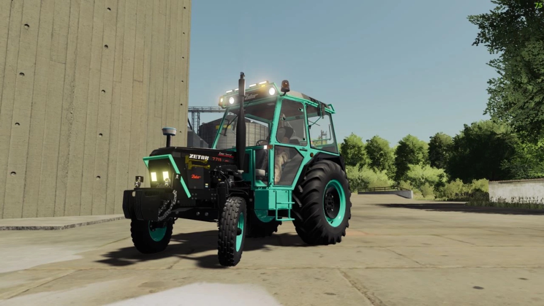 Zetor 62-7711 Turbo Edit v1.1.0.0 mod do FS22 w zielono-czarnym kolorze zaparkowany na betonie.