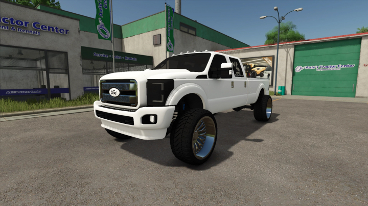 fs25-mods,  White 2016 Ford F350 mod in Farming Simulator 25 outside tractor center.