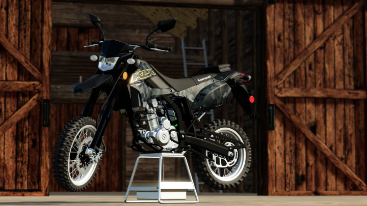 fs25-mods,  2023 Kawasaki KLX 300 v1.0.0.0 mod for FS25 displayed in a barn, showcasing its rugged design.