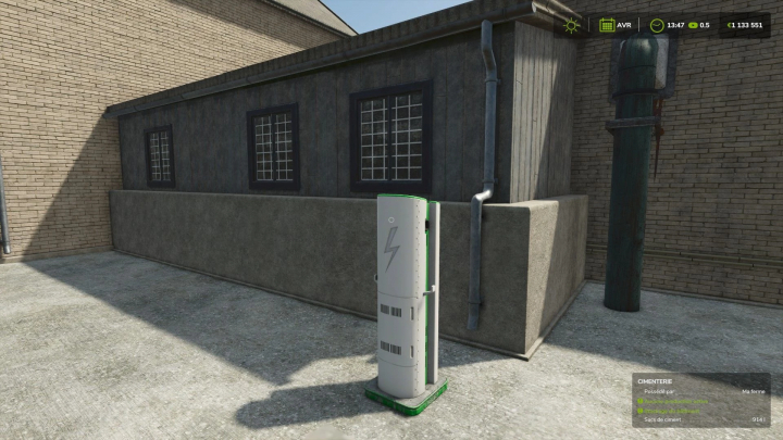 fs25-mods, FS25 mod showing a 20x faster electric charging station v1.0.0.0 next to a brick building.