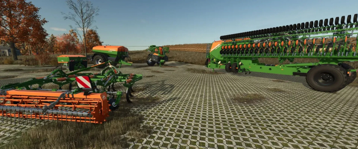 fs25-mods,  FS25 mods Amazone Pack v1.0.0.0 featuring agricultural equipment on a farm landscape.