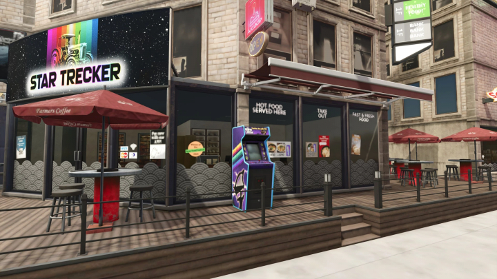 fs25-mods,  FS25 mod Arcade v1.0.0.0 featuring arcade machine outside a coffee shop.