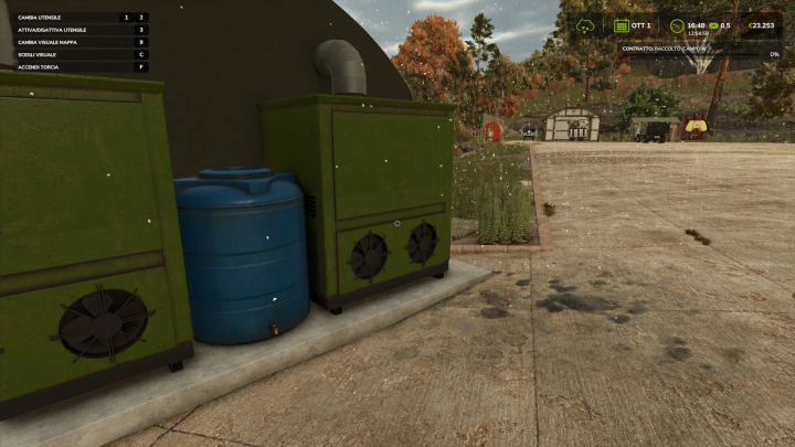 fs25-mods, Automatic water tank for greenhouses and animals in FS25, featuring a green unit and blue barrel in a farm setting.