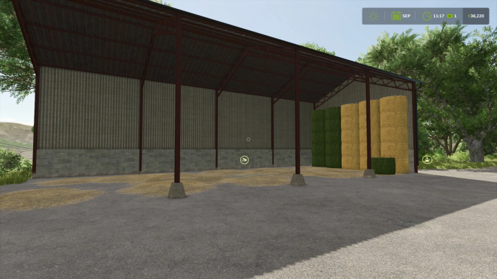 fs25-mods,  Bale storage mod in FS25 showing a metal shed filled with hay and grass bales.