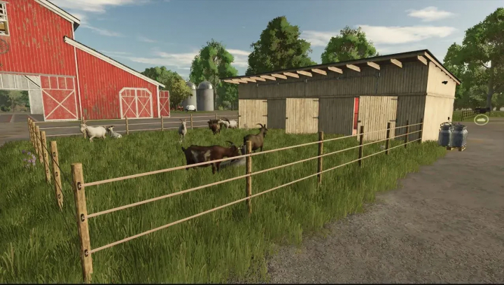 fs25-mods, Barn Sheep Medium mod for FS25 featuring a sheep pen and red barn.