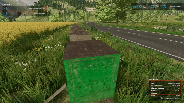 fs22-mods, FS22 mod Bees Revamp v1.1.0.1 showing beehives in a field with control interface.