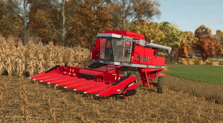 fs25-mods,  Red Massey harvester with Better Rowcrop Textures mod in FS25. Cornfield during autumn harvest.