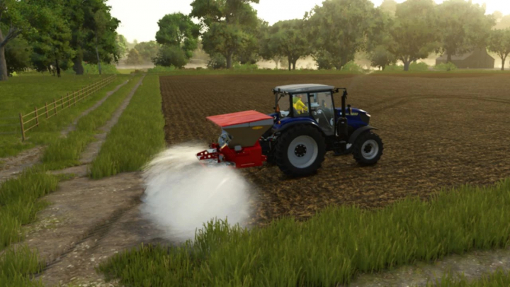 fs25-mods,  Mod FS25 Bredal SG2000 v1.0.0.0 épandant de l'engrais sur un champ dans Farming Simulator 25.