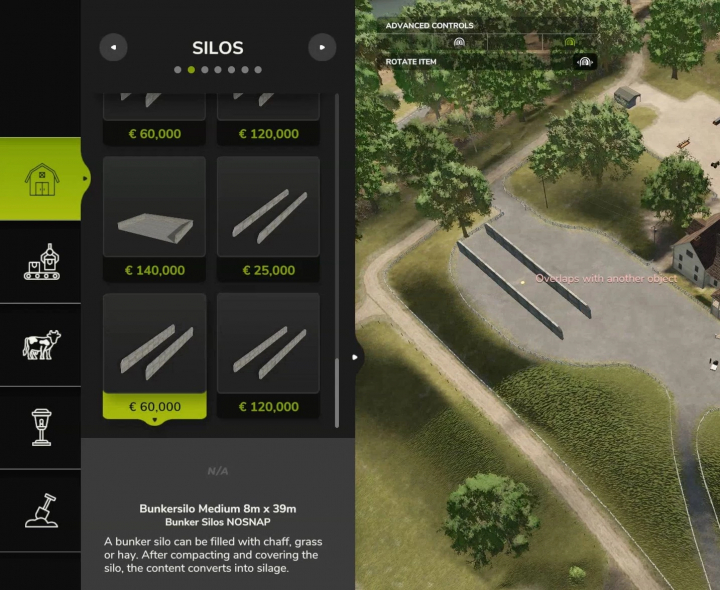 fs25-mods,  FS25 mod screen showing Bunker Silos No Snap options, with prices and placement guidance. Overlapping error displayed. Farming Simulator 25 mods.