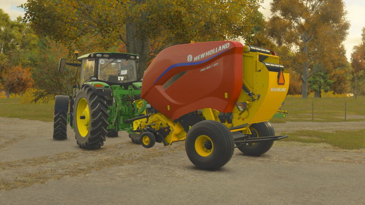 fs25-mods,  FS25 mod CNH Balers On Floaters v1.0.0.0 featuring a New Holland baler attached to a tractor, set in an autumnal countryside scene.