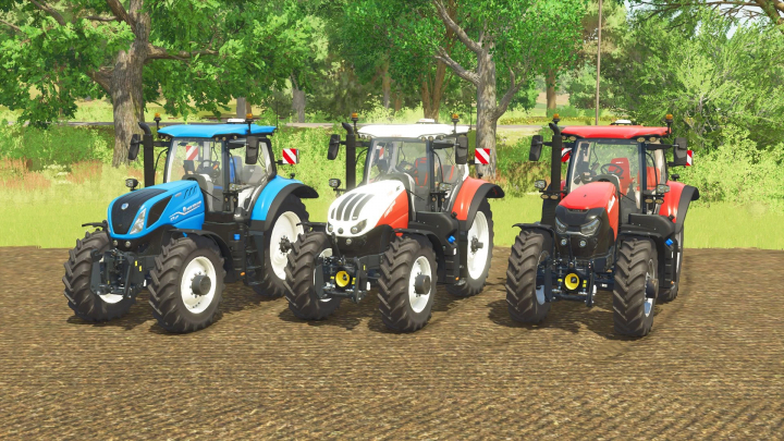 fs25-mods,  Three tractors in a field, featuring the CNH Mid Frame US Edit mod for Farming Simulator 25.