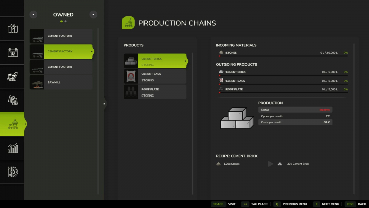 fs25-mods,  Cement Factory mod interface in FS25 showing production chain details for cement bricks, bags, and roof plates.