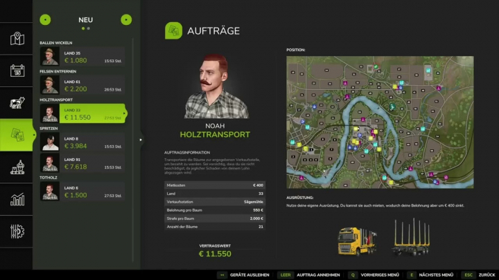 fs25-mods,  FS25 mod Contract Service Provider shows a task list for wood transport with a map and cost details.