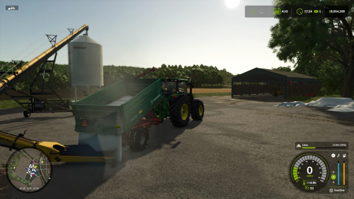 fs25-mods,  Mod FS25 Convey All 1690 v1.0.0.0 mostrando un tractor con remolque verde y sistema de transporte en una granja.