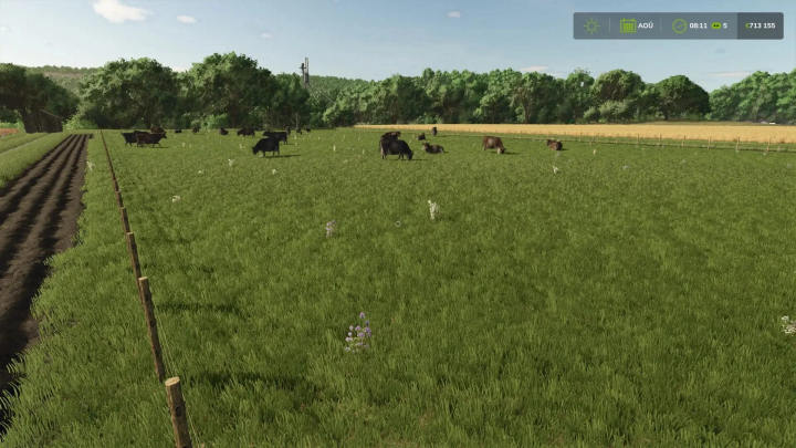 fs25-mods,  FS25 mod Cow pen v1.0.0.0 showing lush pasture with cows grazing in a fenced area.