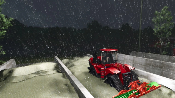 fs25-mods,  Red tractor using Crazy Silage Compactor mod in FS25 during rain.