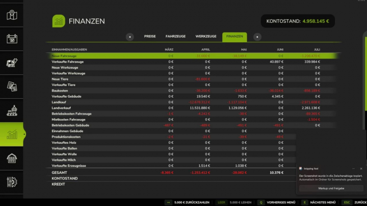 fs25-mods,  FS25 mods financial overview screen showing income and expenses with a credit limit of 10 million.