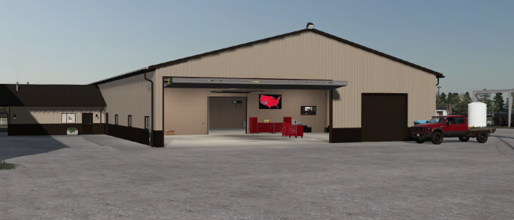 fs22-mods, FS22 mod DeLuyck Farms Shop Edit v1.0.0.0, showing a farm building with an open garage, tools inside, and a red truck outside.