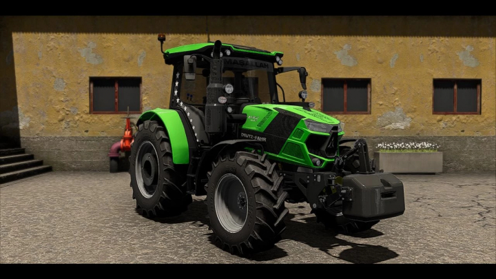 fs22-mods, FS22 mod Deutz Fahr 6135C tractor parked in front of a rustic building.